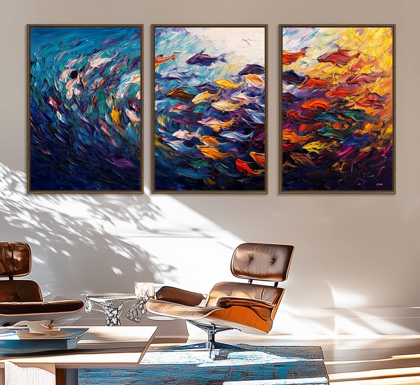 78292-MGV-FC-60X30-3P_Walnut-Vibrant Abstract Fish Swarm Art – Colorful Fish Inspired 3-Piece Canvas Wall Art for Living Room or Office – Framed and Ready to Hang