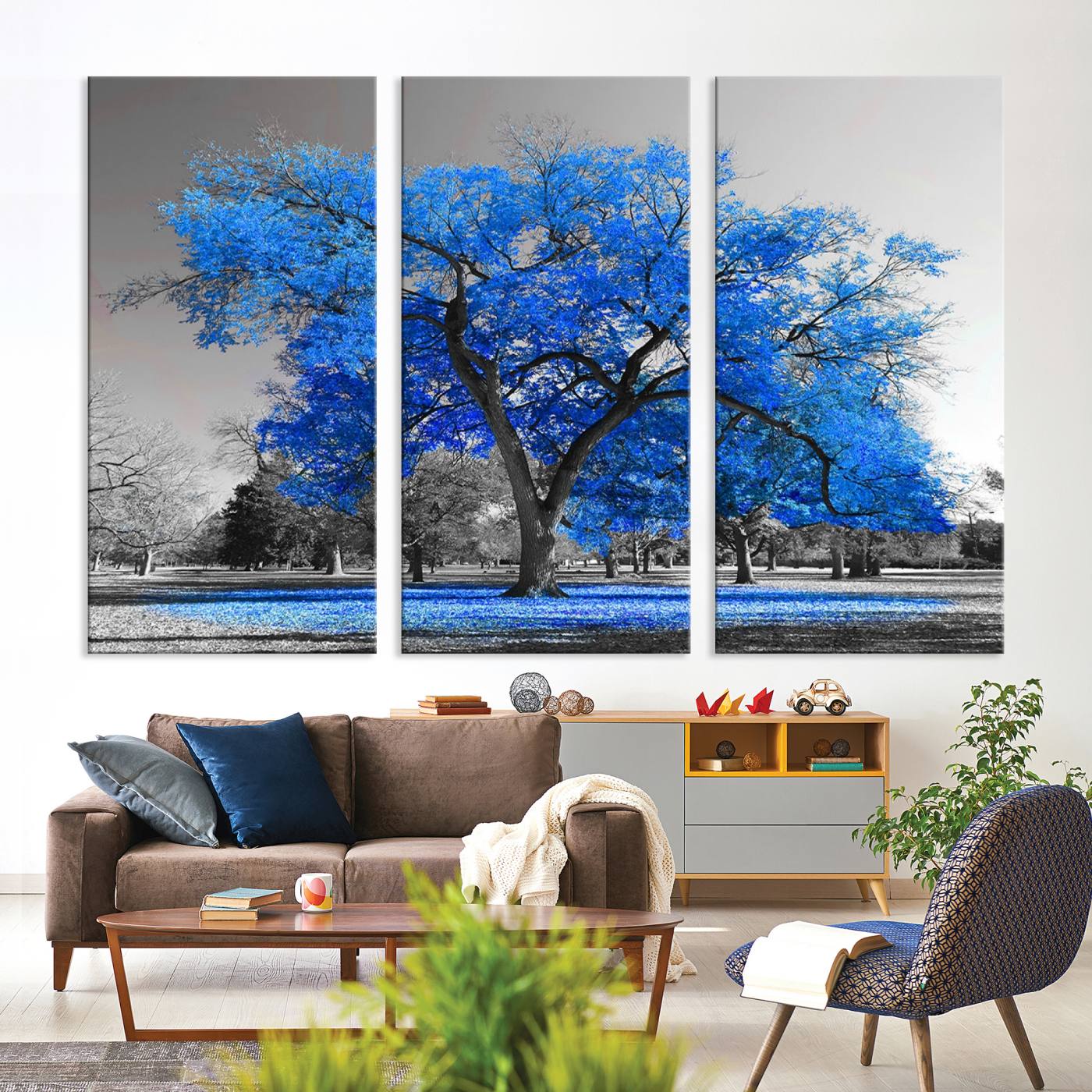 70954-MGV-CV-36X24-Vibrant Blue Tree Canvas Art – Triptych Nature Print – Color Pop Decor for Living Room or Office – Ready to Hang