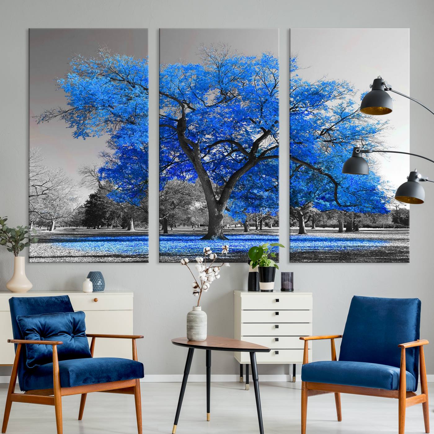 70954-MGV-CV-36X24-Vibrant Blue Tree Canvas Art – Triptych Nature Print – Color Pop Decor for Living Room or Office – Ready to Hang