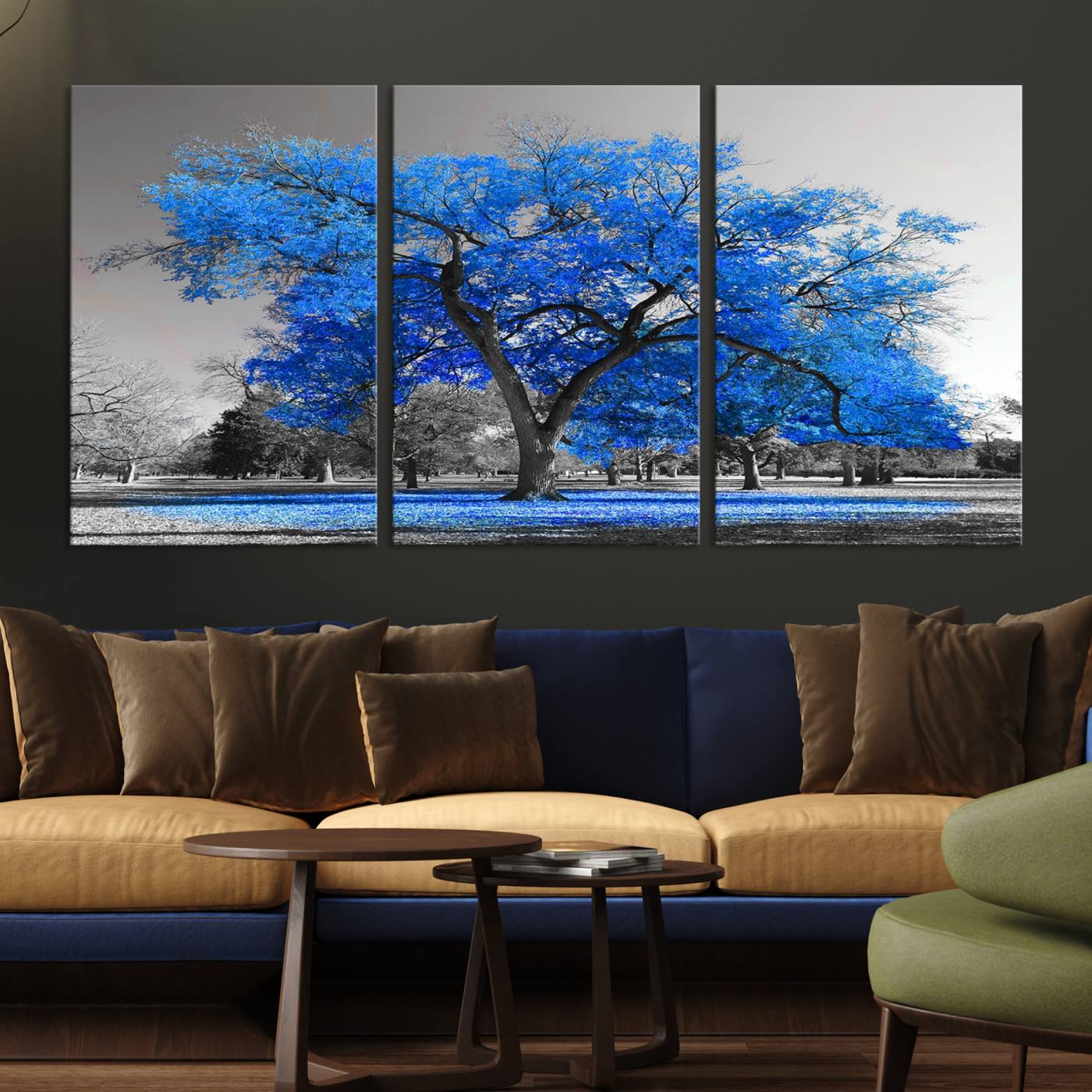 70954-MGV-CV-36X24-Vibrant Blue Tree Canvas Art – Triptych Nature Print – Color Pop Decor for Living Room or Office – Ready to Hang