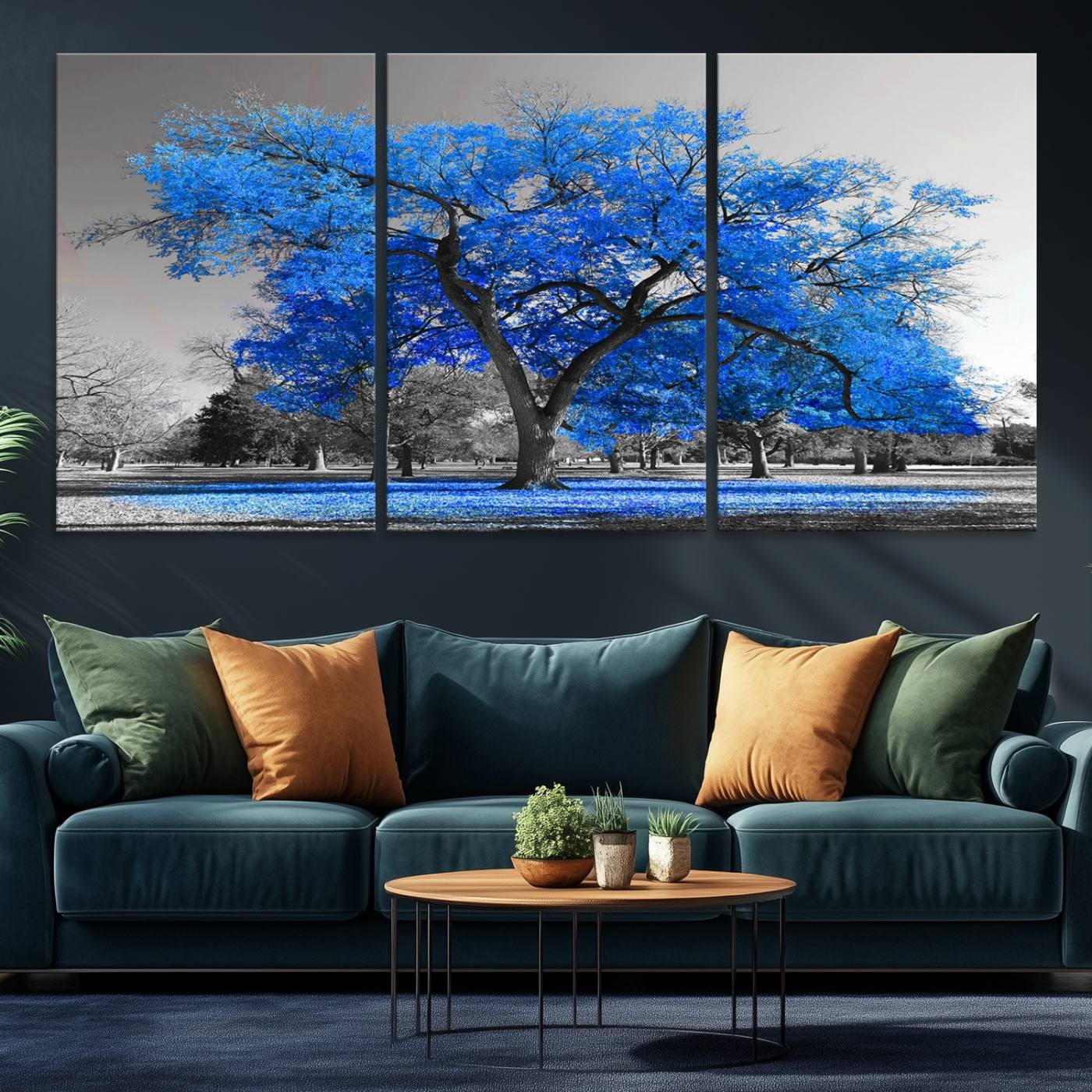 70954-MGV-CV-36X24-Vibrant Blue Tree Canvas Art – Triptych Nature Print – Color Pop Decor for Living Room or Office – Ready to Hang