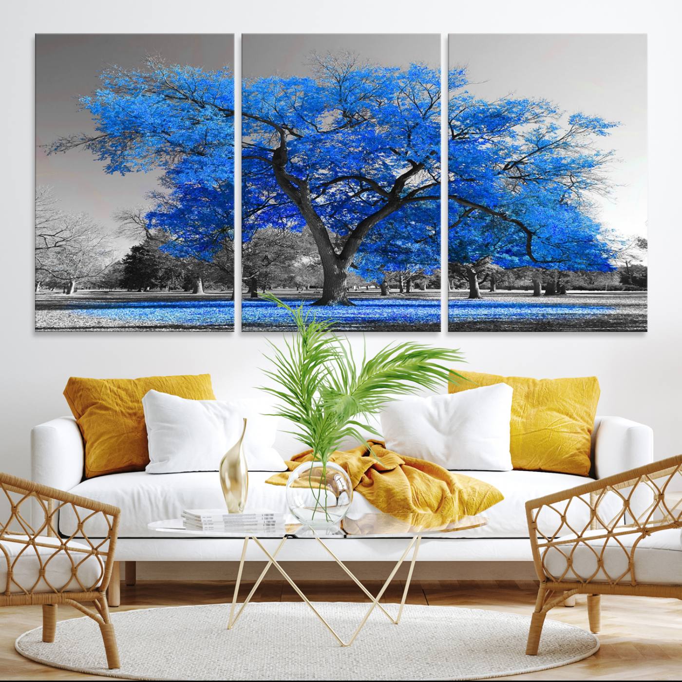 70954-MGV-CV-36X24-Vibrant Blue Tree Canvas Art – Triptych Nature Print – Color Pop Decor for Living Room or Office – Ready to Hang