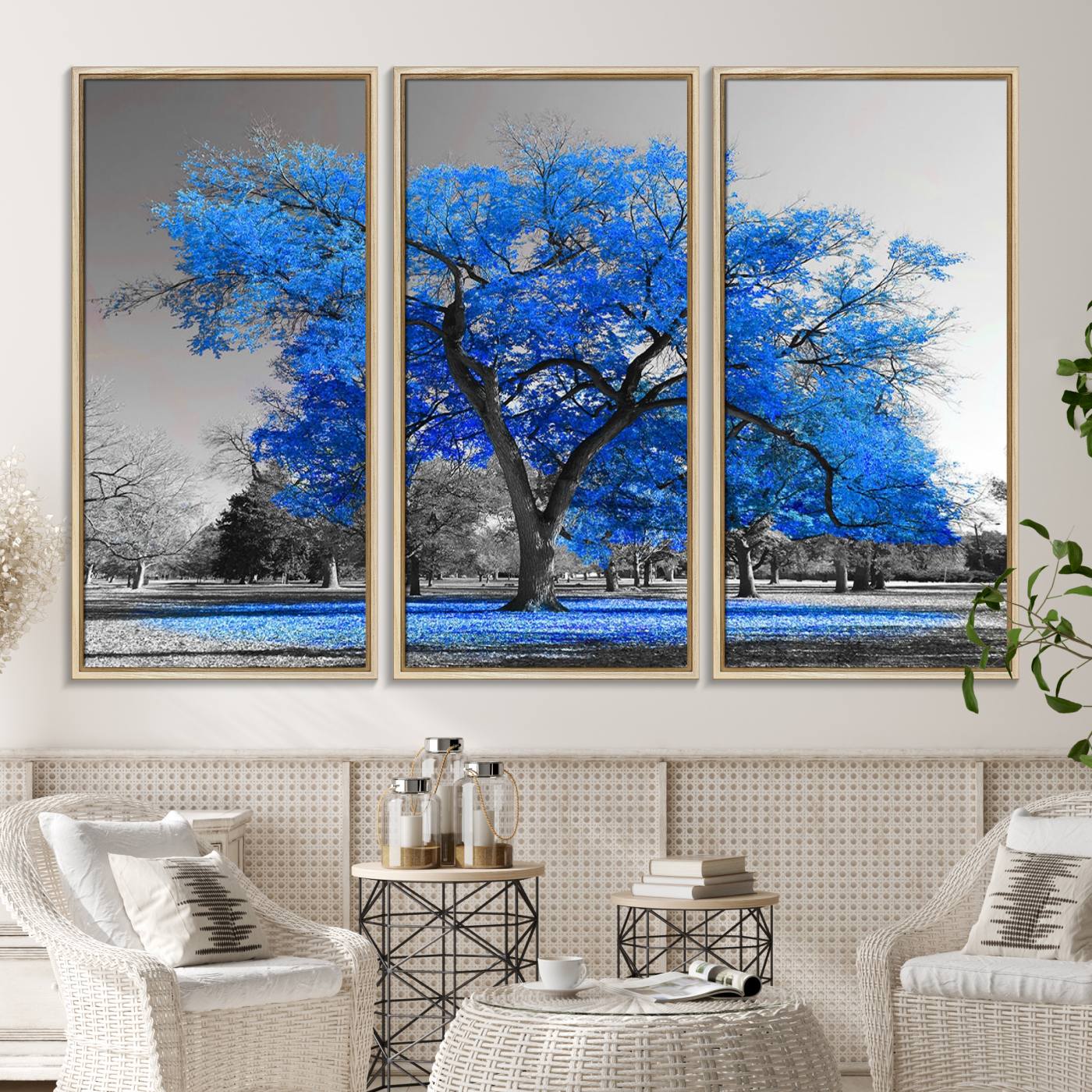 古塔つみ over print POP ART canvas blue ED11 Vibrant Blue Tree Canvas Art – Triptych Nature Print – Color Pop