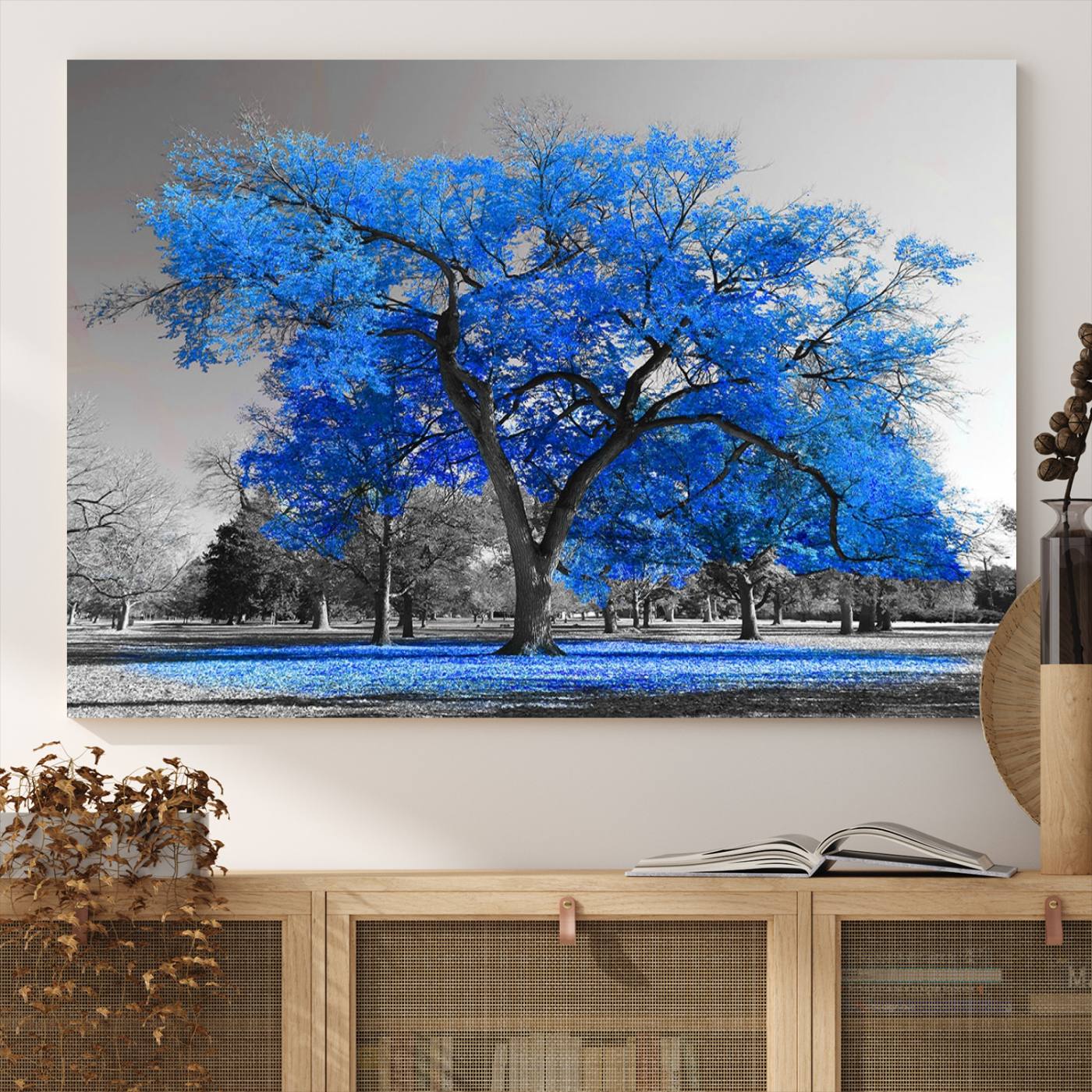 Vibrant Blue Tree Canvas Art – Triptych Nature Print – Color Pop