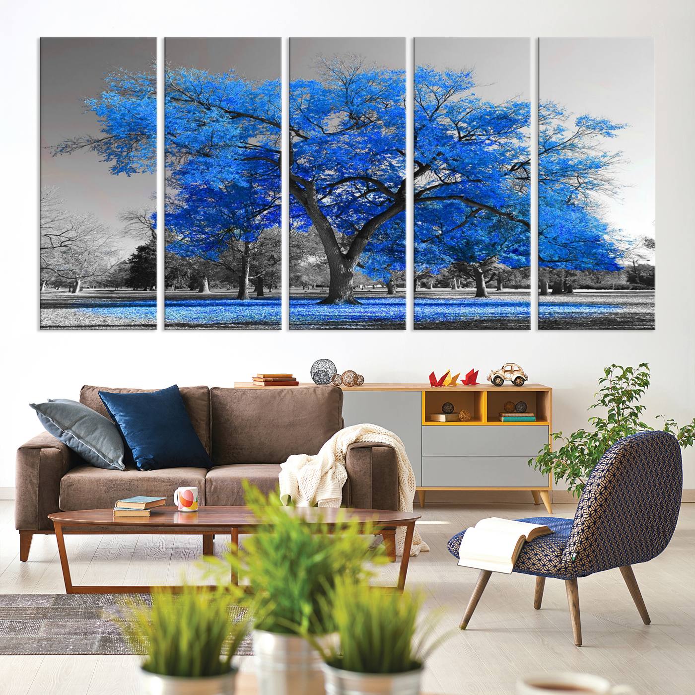 70954-MGV-CV-60X31-5P-Vibrant Blue Tree Canvas Art – Triptych Nature Print – Color Pop Decor for Living Room or Office – Ready to Hang