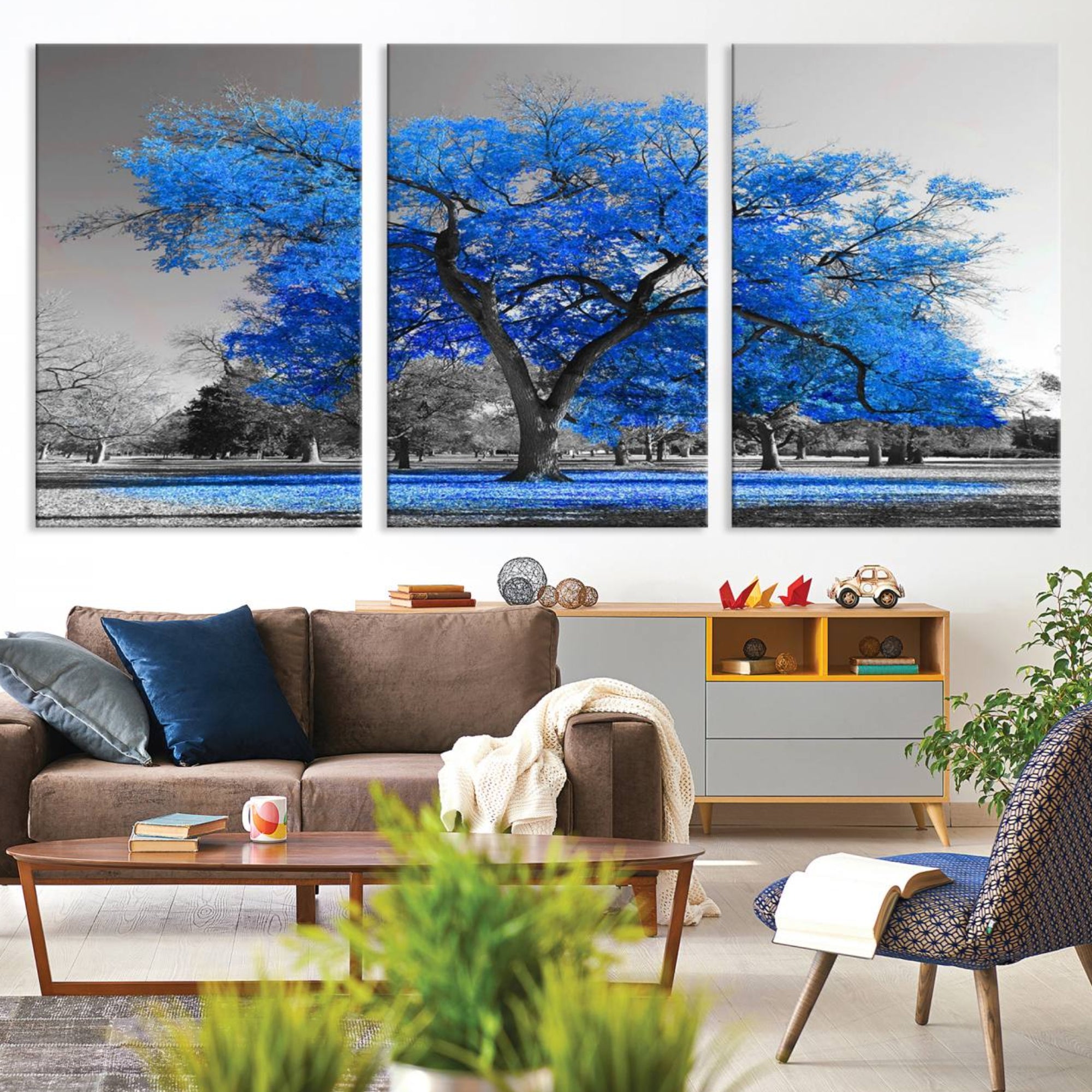 70954-MGV-CV-36X24-Vibrant Blue Tree Canvas Art – Triptych Nature Print – Color Pop Decor for Living Room or Office –