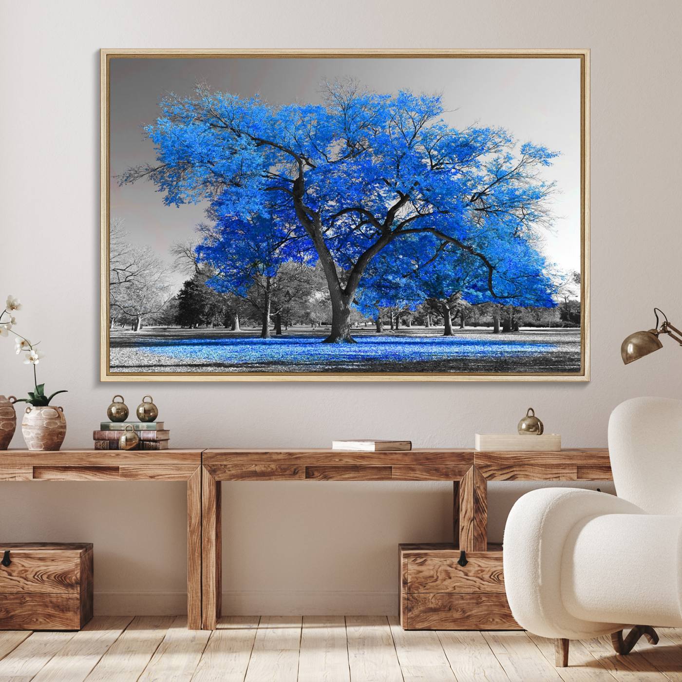 Vibrant Blue Tree Canvas Art – Triptych Nature Print – Color Pop