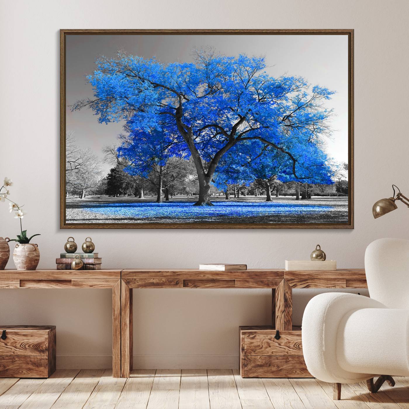 70954-MGV-FC-36X24_Walnut-Vibrant Blue Tree Canvas Art – Triptych Nature Print – Color Pop Decor for Living Room or Office – Ready to Hang