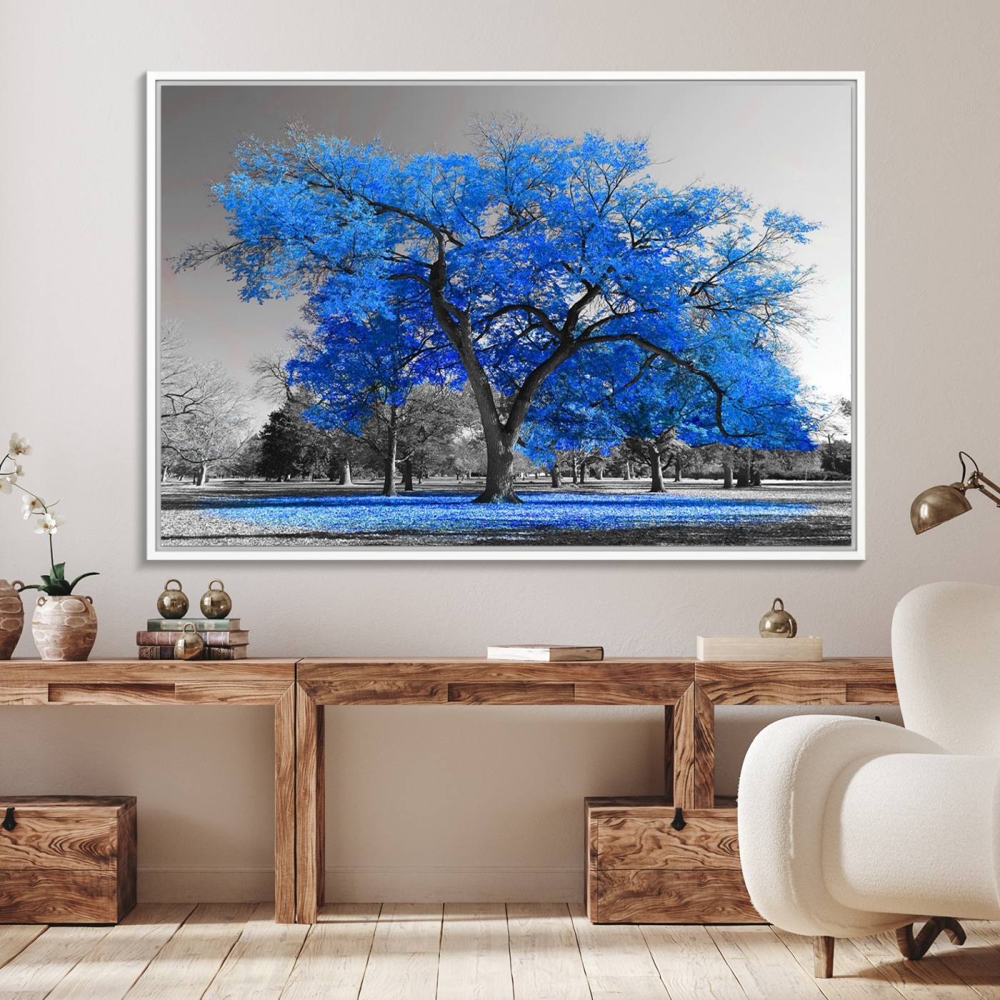70954-MGV-FC-36X24_White-Vibrant Blue Tree Canvas Art – Triptych Nature Print – Color Pop Decor for Living Room or Office – Ready to Hang