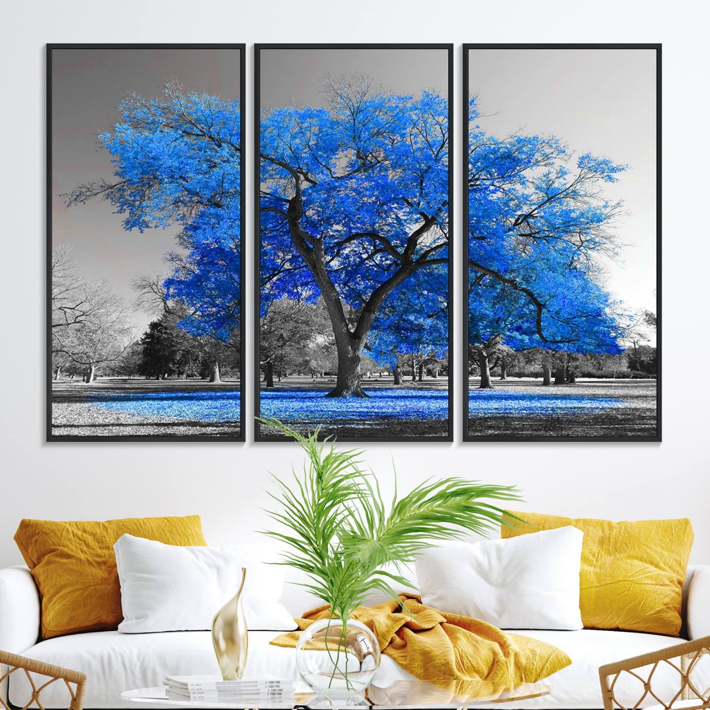 70954-MGV-FC-48X32-3P_Black-Vibrant Blue Tree Canvas Art – Triptych Nature Print – Color Pop Decor for Living Room or Office – Ready to Hang