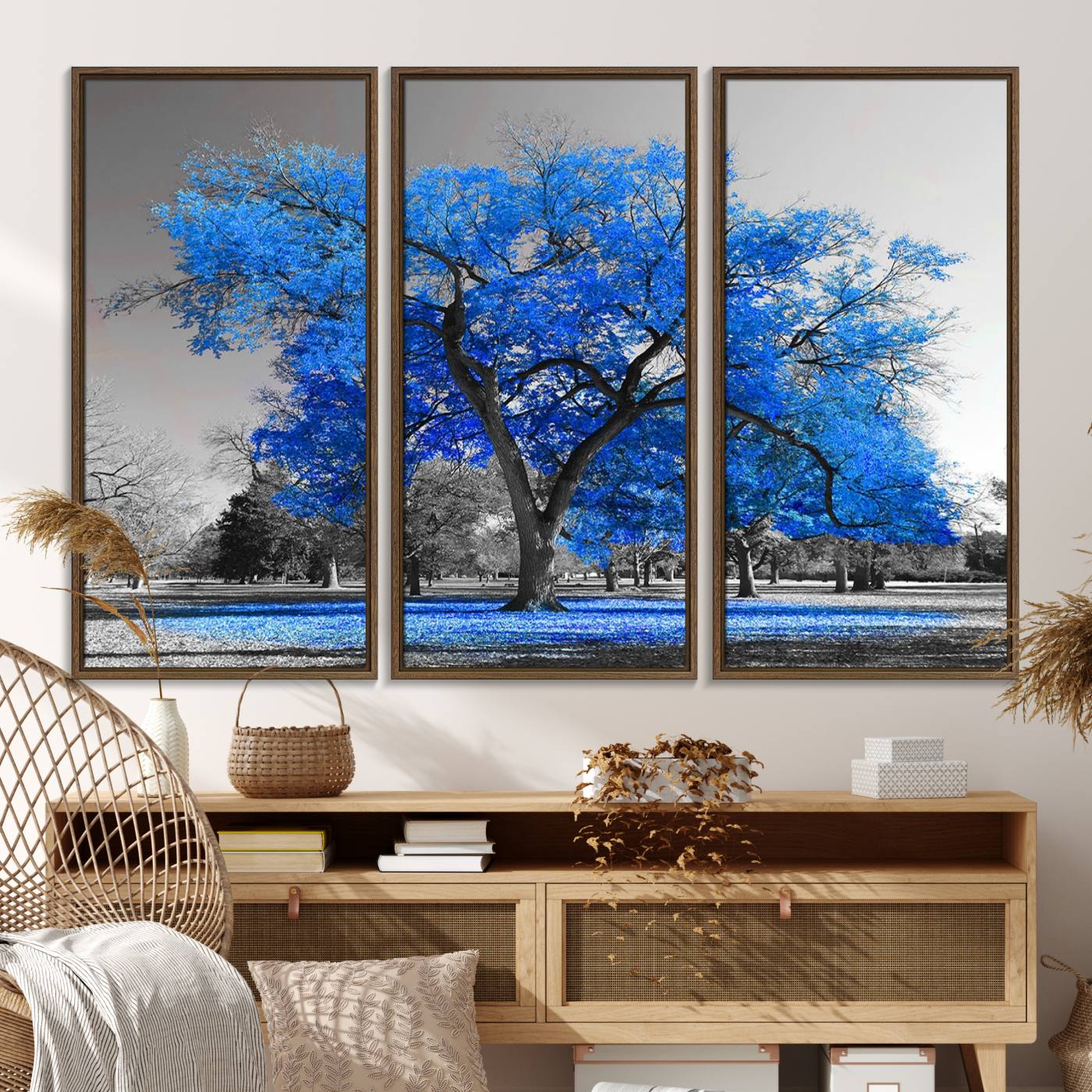Blue Tree Canvas Art - Vibrant Triptych Nature Print for Home
