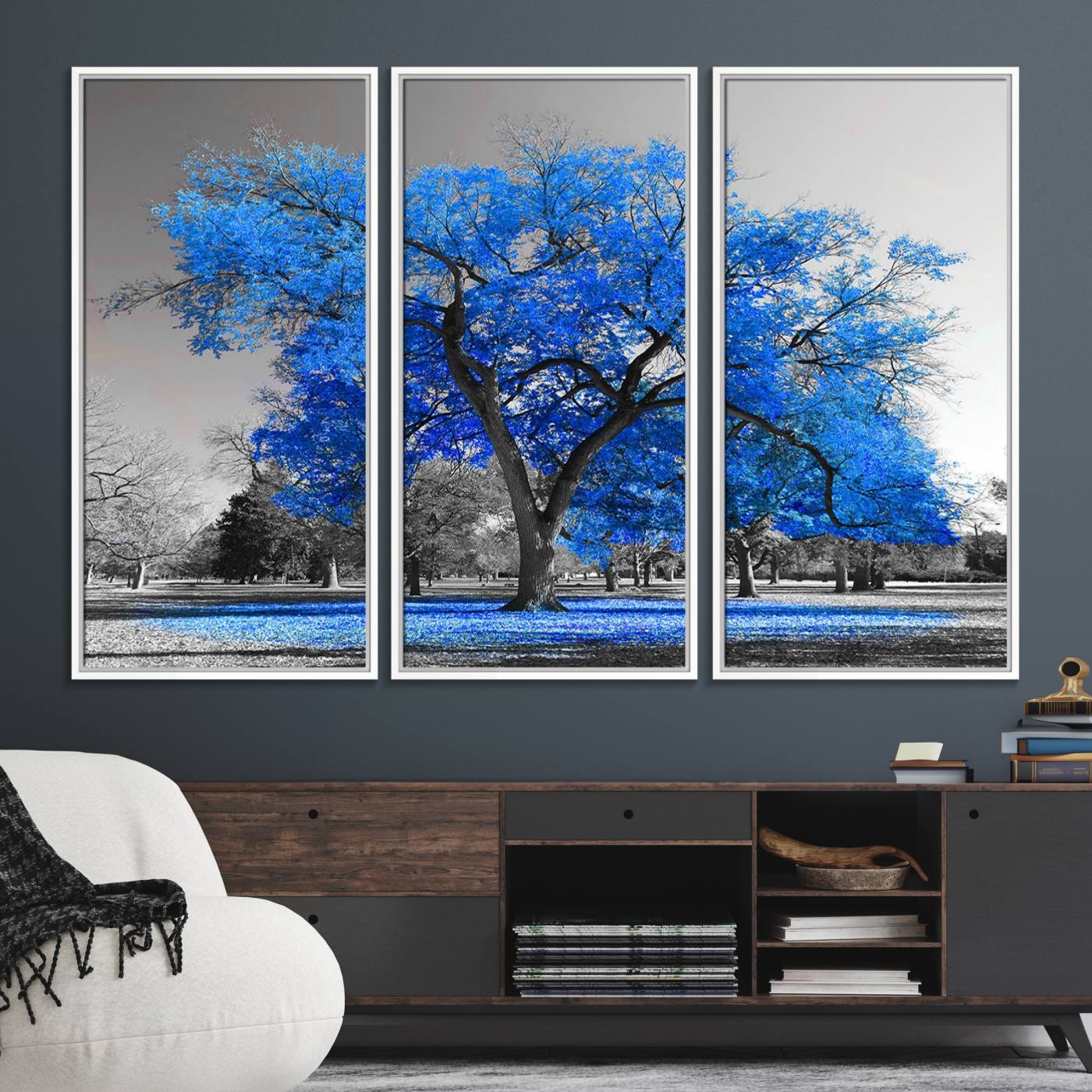 70954-MGV-FC-48X32-3P_White-Vibrant Blue Tree Canvas Art – Triptych Nature Print – Color Pop Decor for Living Room or Office – Ready to Hang