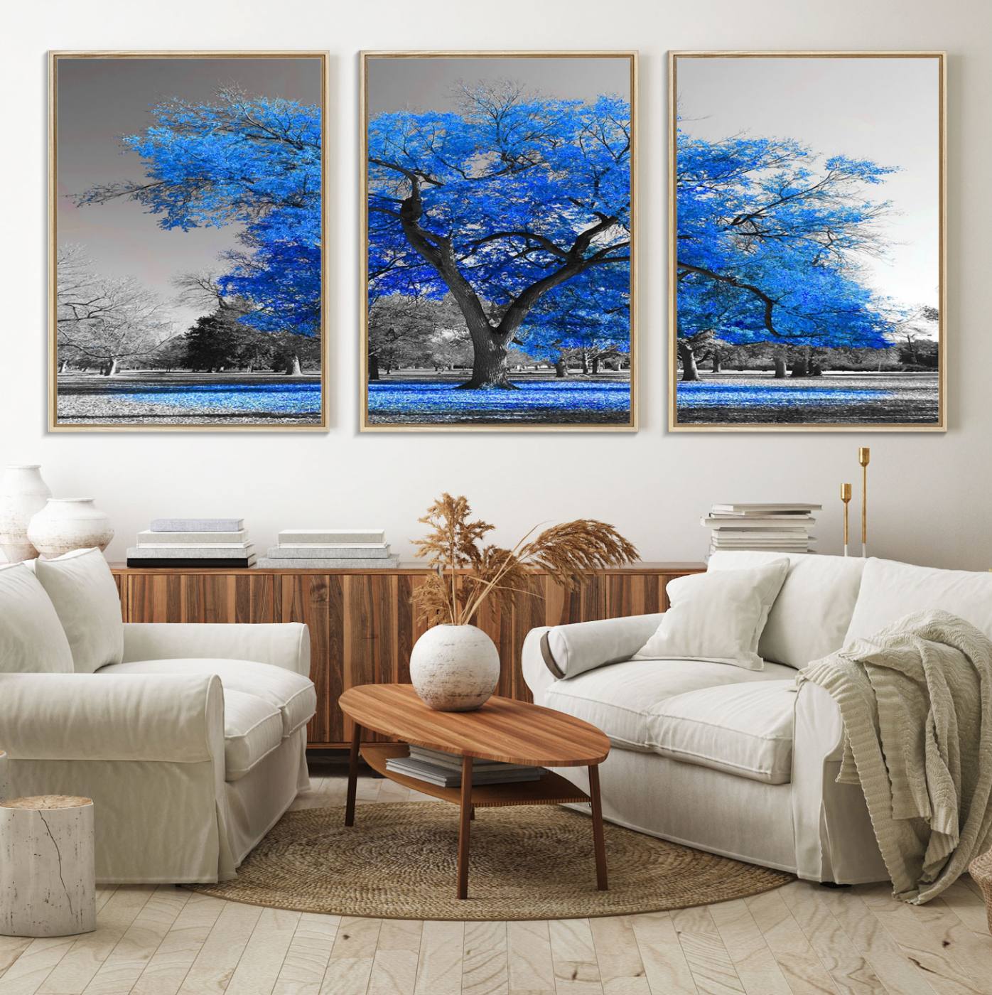 Blue Tree Canvas Art - Vibrant Triptych Nature Print for Home