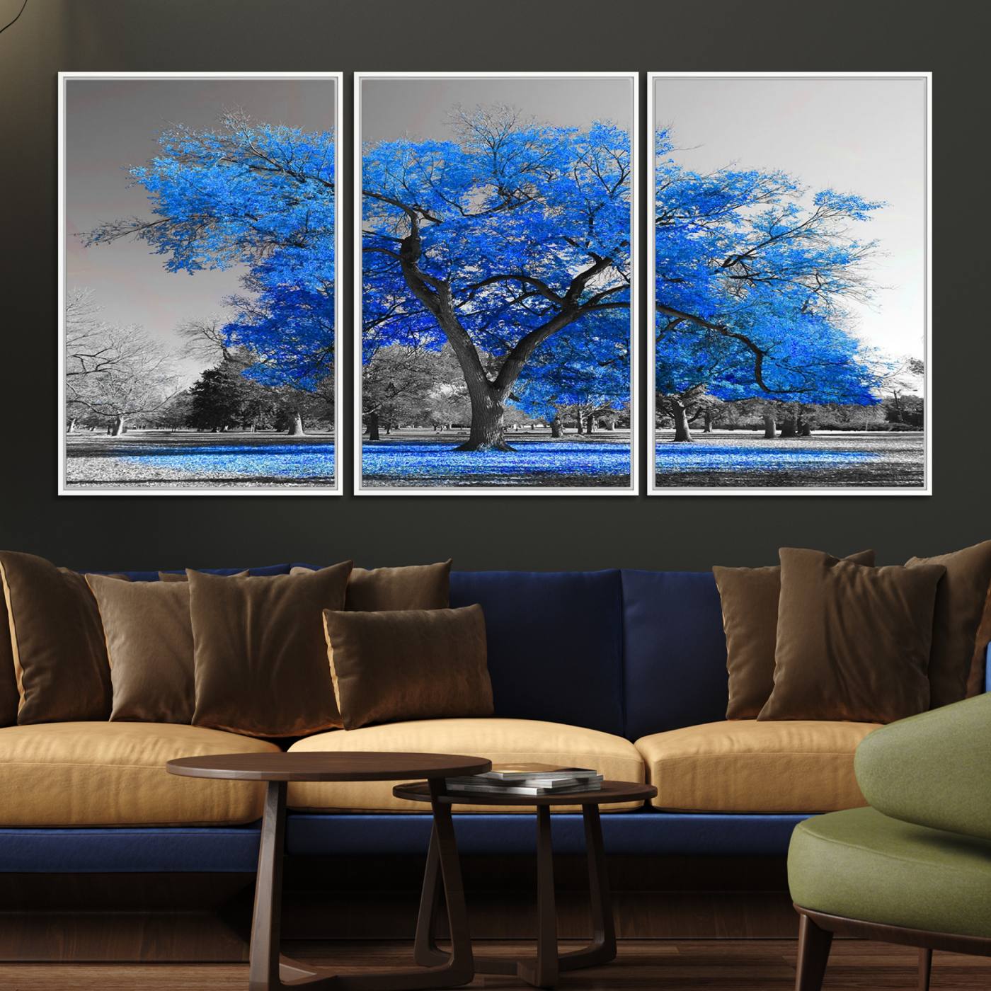 70954-MGV-FC-60X30-3P_White-Vibrant Blue Tree Canvas Art – Triptych Nature Print – Color Pop Decor for Living Room or Office – Ready to Hang