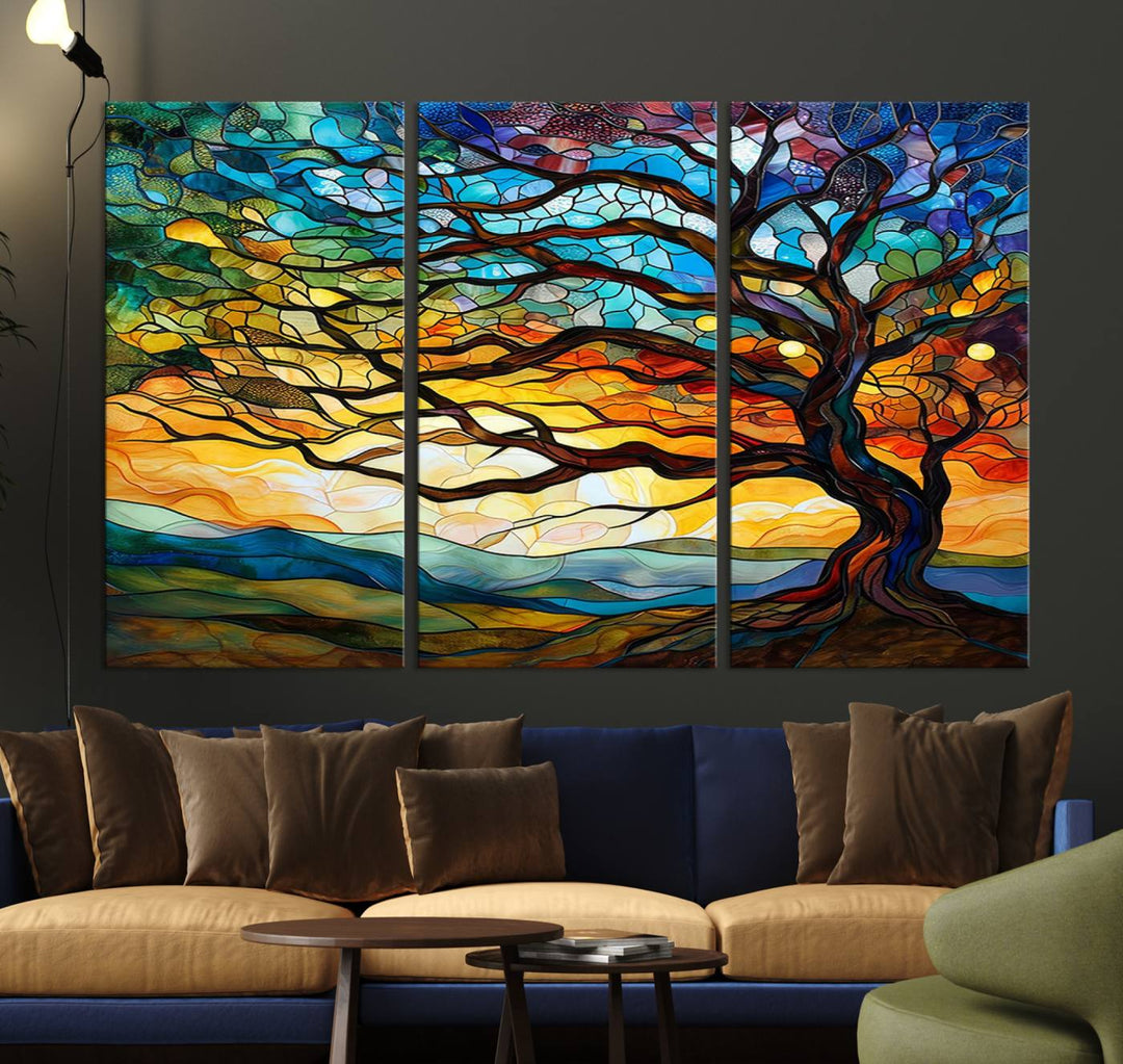 Vibrant Mosaic Tree of Life Wall Art | Stained Glass Style Canvas Print | Ready to Hang Artistic Decor