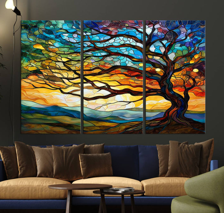 Vibrant Mosaic Tree of Life Wall Art | Stained Glass Style Canvas Print | Ready to Hang Artistic Decor