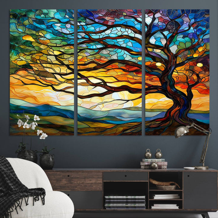 Vibrant Mosaic Tree of Life Wall Art | Stained Glass Style Canvas Print | Ready to Hang Artistic Decor