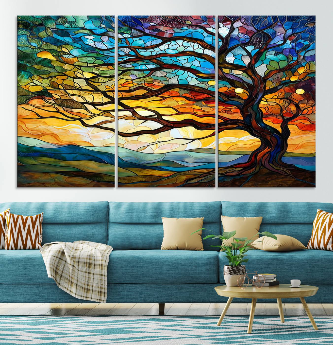 87789-MGV-CV-36X24-Vibrant Mosaic Tree of Life Wall Art | Stained Glass Style Canvas Print | Ready to Hang Artistic Decor