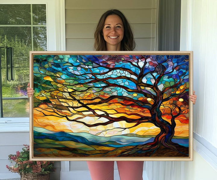 Vibrant Mosaic Tree of Life Wall Art | Stained Glass Style Canvas Print | Ready to Hang Artistic Decor