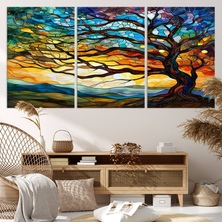 87789-MGV-CV-36X24-Vibrant Mosaic Tree of Life Wall Art | Stained Glass Style Canvas Print | Ready to Hang Artistic Decor