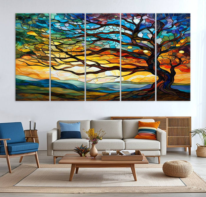 87789-MGV-CV-36X24-Vibrant Mosaic Tree of Life Wall Art | Stained Glass Style Canvas Print | Ready to Hang Artistic Decor
