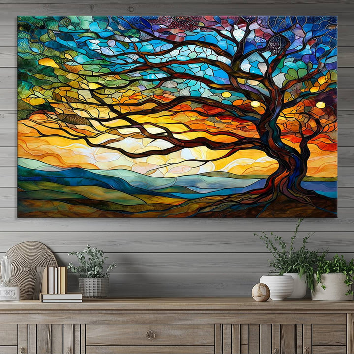 Vibrant Mosaic Tree of Life Wall Art | Stained Glass Style Canvas Print | Ready to Hang Artistic Decor