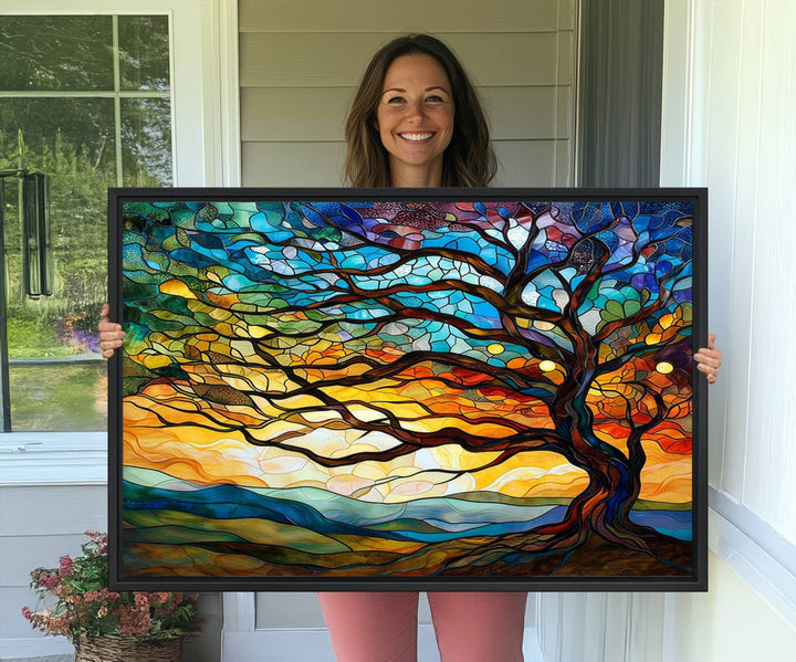 87789-MGV-CV-36X24-Vibrant Mosaic Tree of Life Wall Art | Stained Glass Style Canvas Print | Ready to Hang Artistic Decor