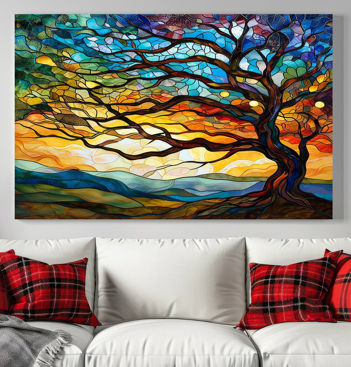 87789-MGV-CV-36X24-Vibrant Mosaic Tree of Life Wall Art | Stained Glass Style Canvas Print | Ready to Hang Artistic Decor