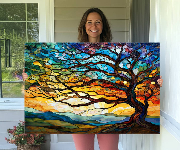 Vibrant Mosaic Tree of Life Wall Art | Stained Glass Style Canvas Print | Ready to Hang Artistic Decor