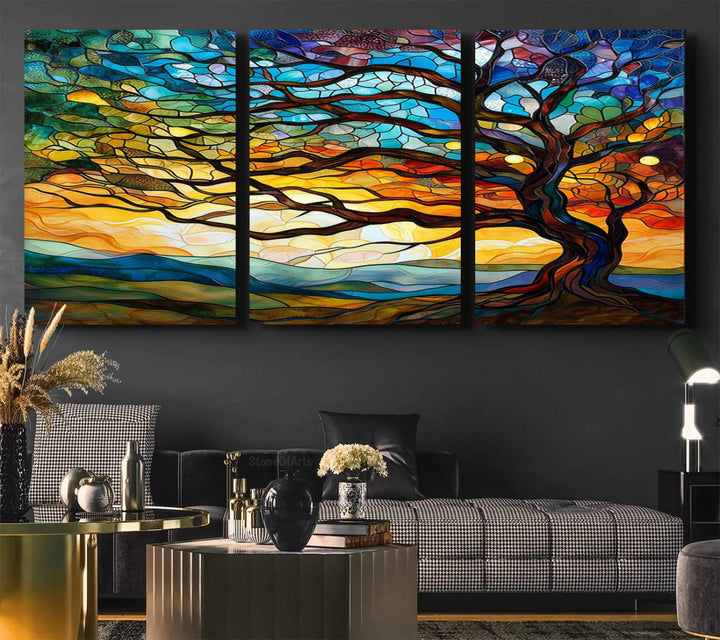 Vibrant Mosaic Tree of Life Wall Art | Stained Glass Style Canvas Print | Ready to Hang Artistic Decor