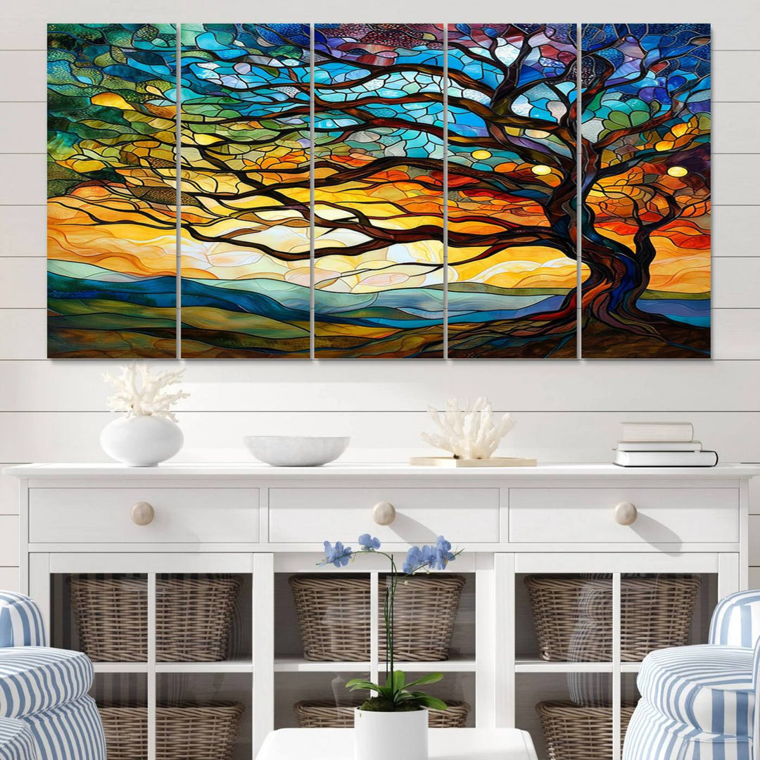 87789-MGV-CV-60X31-5P-Vibrant Mosaic Tree of Life Wall Art | Stained Glass Style Canvas Print | Ready to Hang Artistic Decor