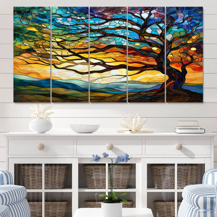 87789-MGV-CV-60X31-5P-Vibrant Mosaic Tree of Life Wall Art | Stained Glass Style Canvas Print | Ready to Hang Artistic Decor