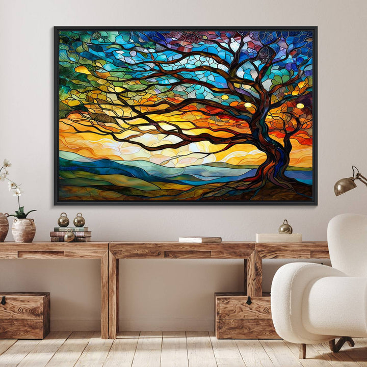87789-MGV-FC-36X24_Black-Vibrant Mosaic Tree of Life Wall Art | Stained Glass Style Canvas Print | Ready to Hang Artistic Decor