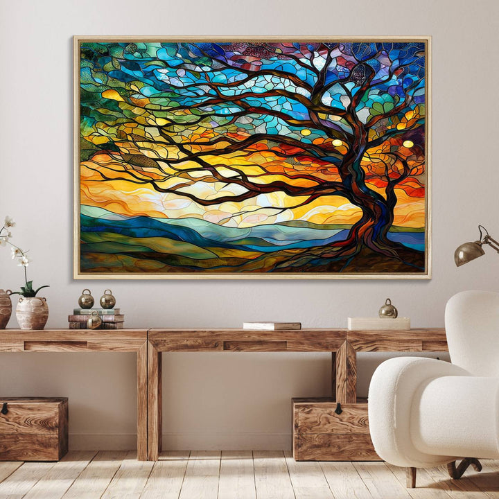 87789-MGV-FC-36X24_Natural-Vibrant Mosaic Tree of Life Wall Art | Stained Glass Style Canvas Print | Ready to Hang Artistic Decor
