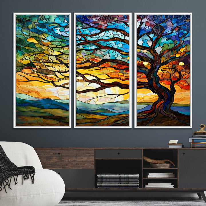 87789-MGV-FC-48X32-3P_White-Vibrant Mosaic Tree of Life Wall Art | Stained Glass Style Canvas Print | Ready to Hang Artistic Decor