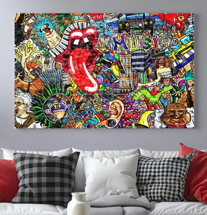 The Vibrant Music Graffiti Wall Art Canvas Print, featuring an array of characters and symbols, brings life to a gallery-wrapped, museum-quality canvas. Its UV-protective coating keeps the artwork vibrant over time.