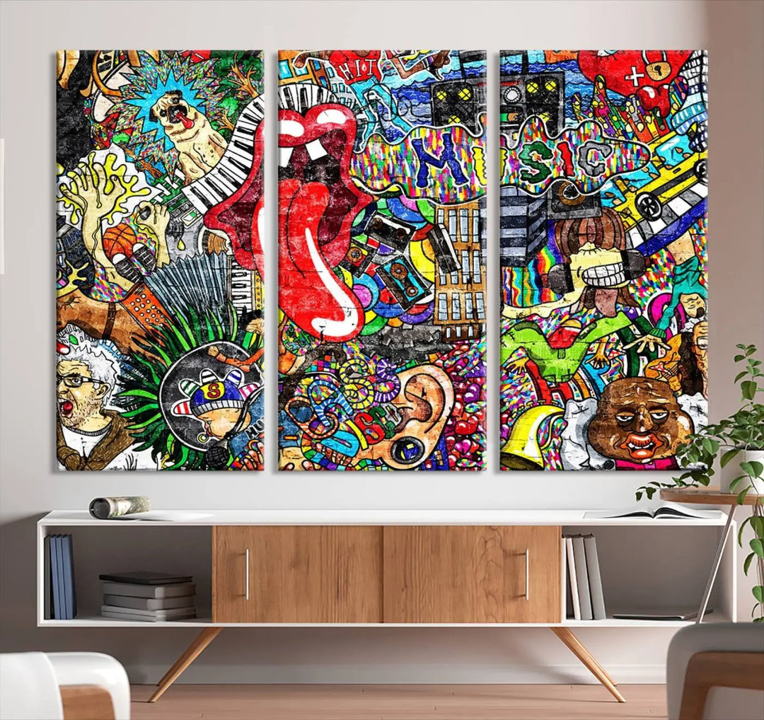 The Vibrant Music Graffiti Wall Art Canvas Print, featuring an array of characters and symbols, brings life to a gallery-wrapped, museum-quality canvas. Its UV-protective coating keeps the artwork vibrant over time.