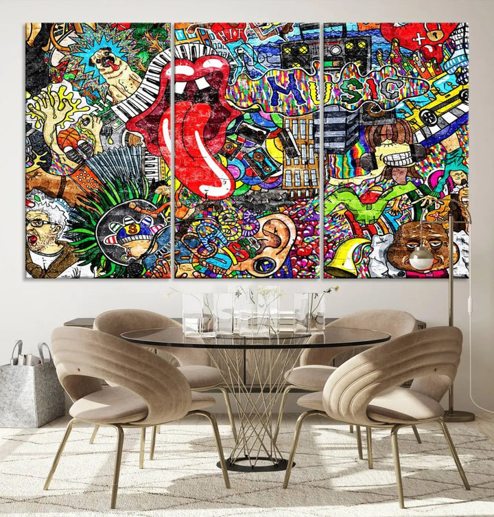 The Vibrant Music Graffiti Wall Art Canvas Print, featuring an array of characters and symbols, brings life to a gallery-wrapped, museum-quality canvas. Its UV-protective coating keeps the artwork vibrant over time.