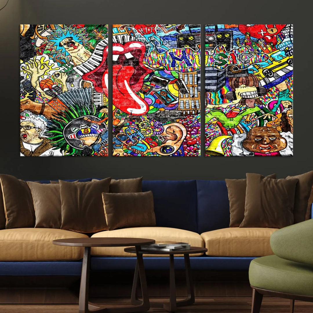 The Vibrant Music Graffiti Wall Art Canvas Print, featuring an array of characters and symbols, brings life to a gallery-wrapped, museum-quality canvas. Its UV-protective coating keeps the artwork vibrant over time.