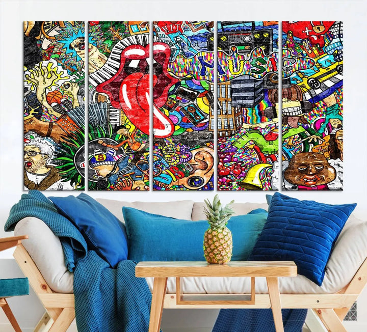 The Vibrant Music Graffiti Wall Art Canvas Print, featuring an array of characters and symbols, brings life to a gallery-wrapped, museum-quality canvas. Its UV-protective coating keeps the artwork vibrant over time.