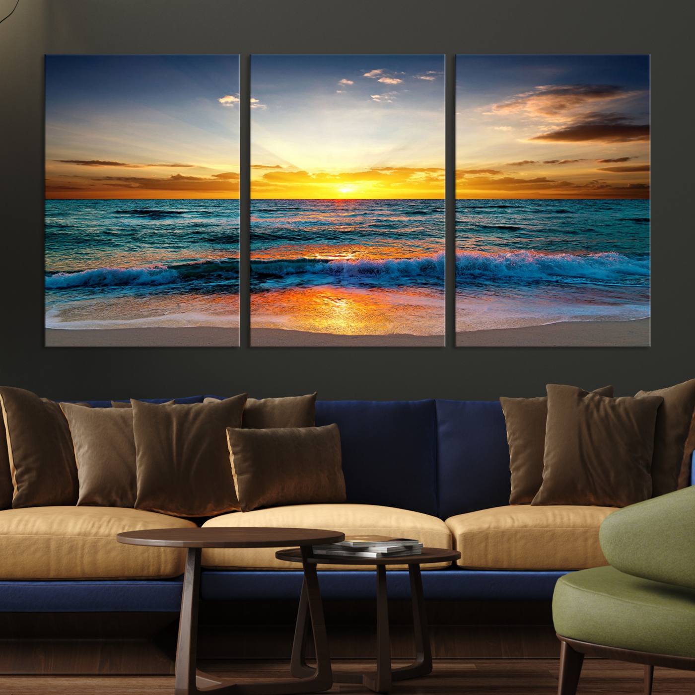 50627-MGV-CV-36X24-Vibrant Ocean Sunrise Over Golden Beach Waves, Giclee Canvas Wall Art Set, High-Quality Stretched Canvas Print, Ready to Hang Coastal Sunset