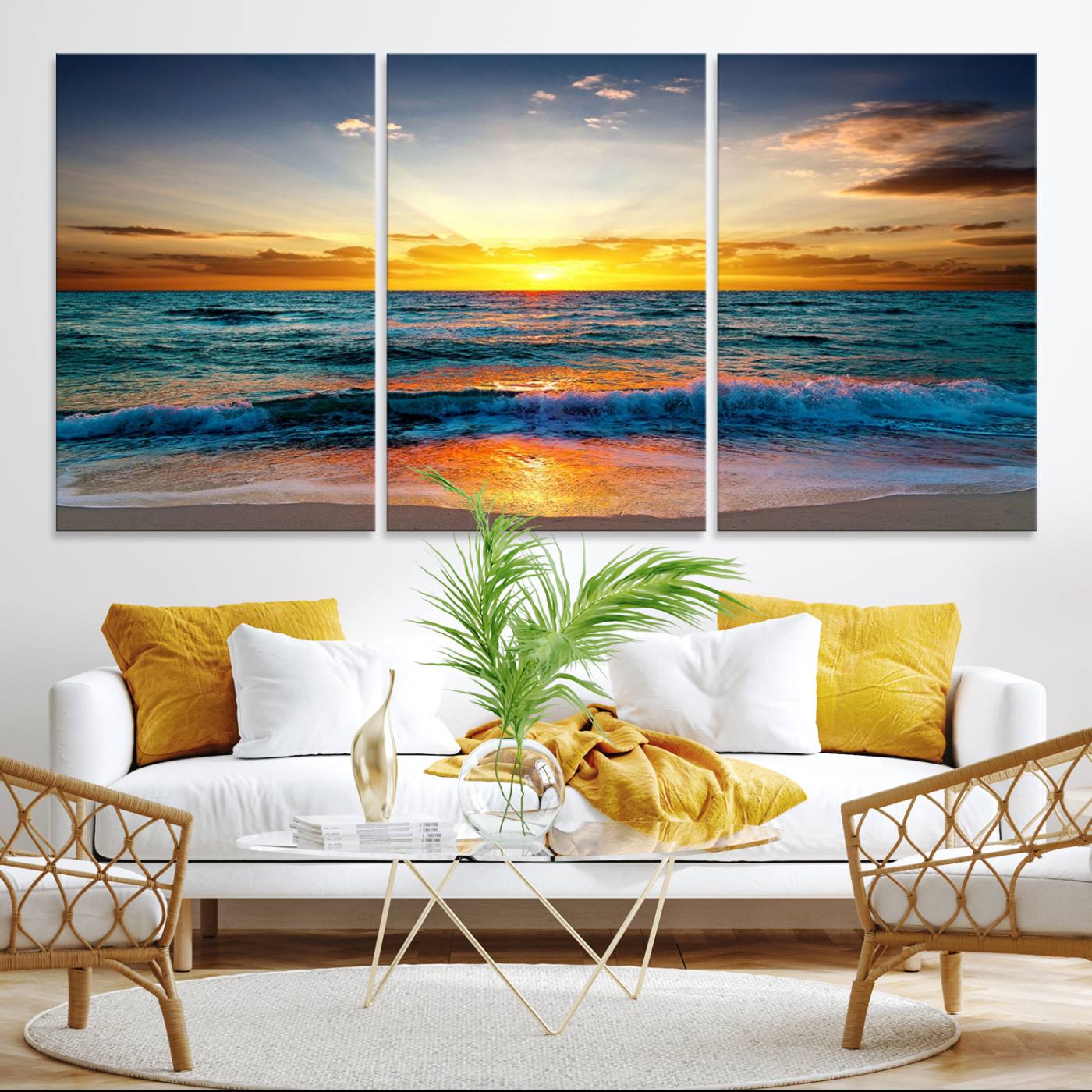 50627-MGV-CV-36X24-Vibrant Ocean Sunrise Over Golden Beach Waves, Giclee Canvas Wall Art Set, High-Quality Stretched Canvas Print, Ready to Hang Coastal Sunset