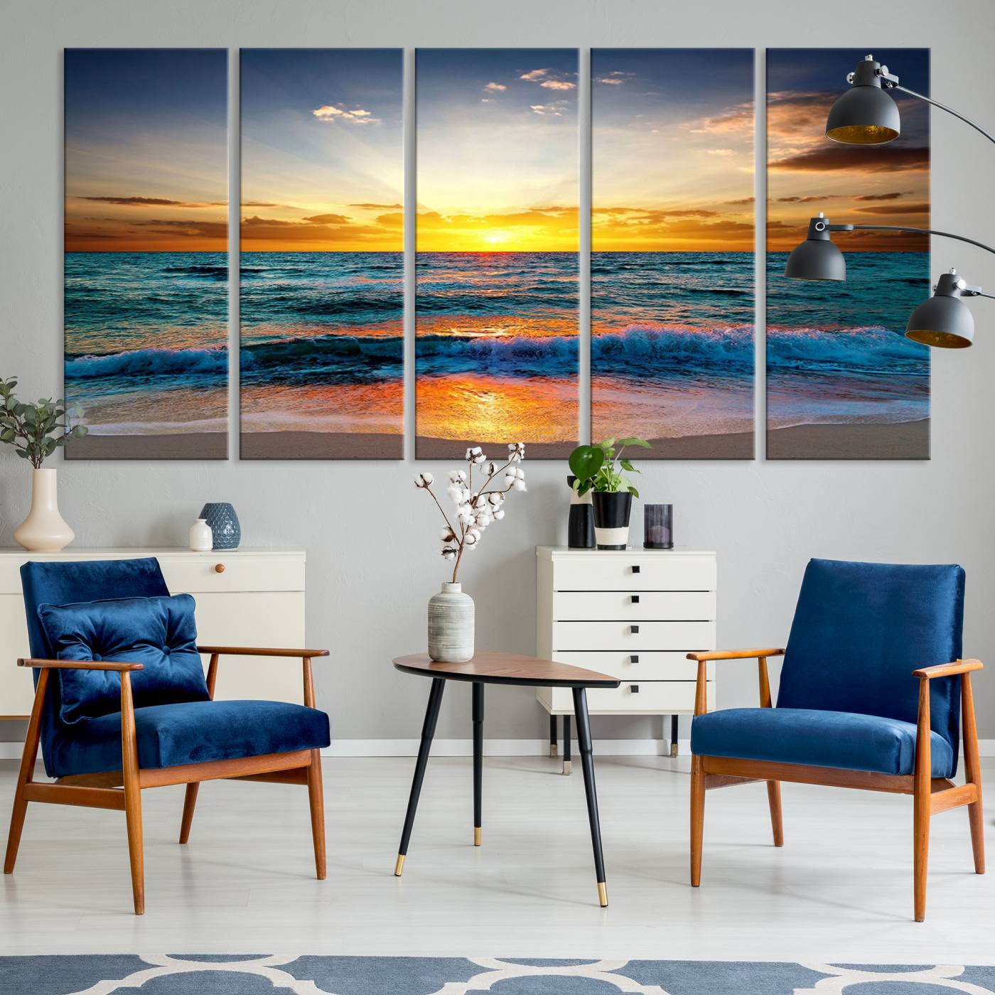 50627-MGV-CV-36X24-Vibrant Ocean Sunrise Over Golden Beach Waves, Giclee Canvas Wall Art Set, High-Quality Stretched Canvas Print, Ready to Hang Coastal Sunset