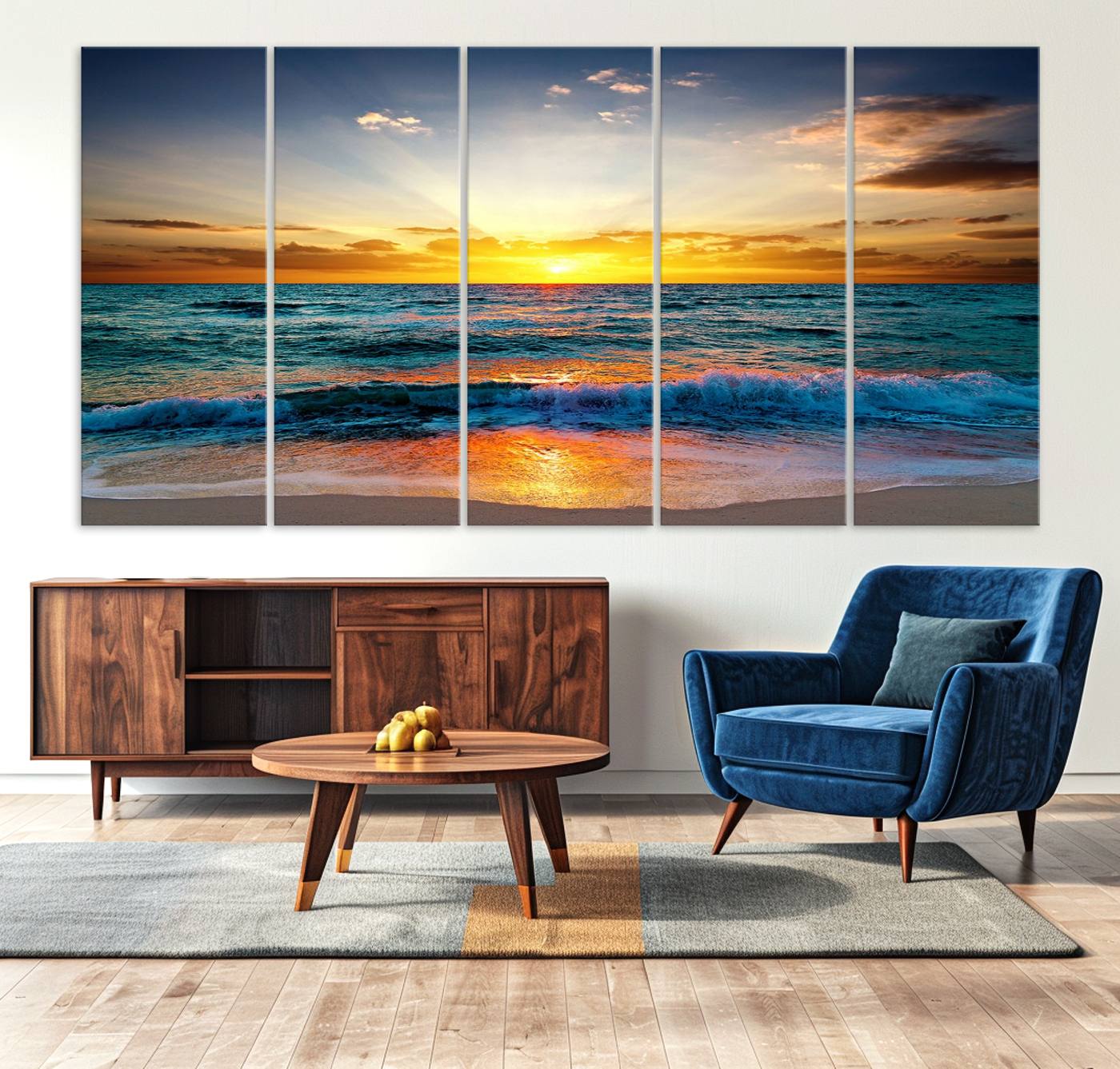 50627-MGV-CV-36X24-Vibrant Ocean Sunrise Over Golden Beach Waves, Giclee Canvas Wall Art Set, High-Quality Stretched Canvas Print, Ready to Hang Coastal Sunset