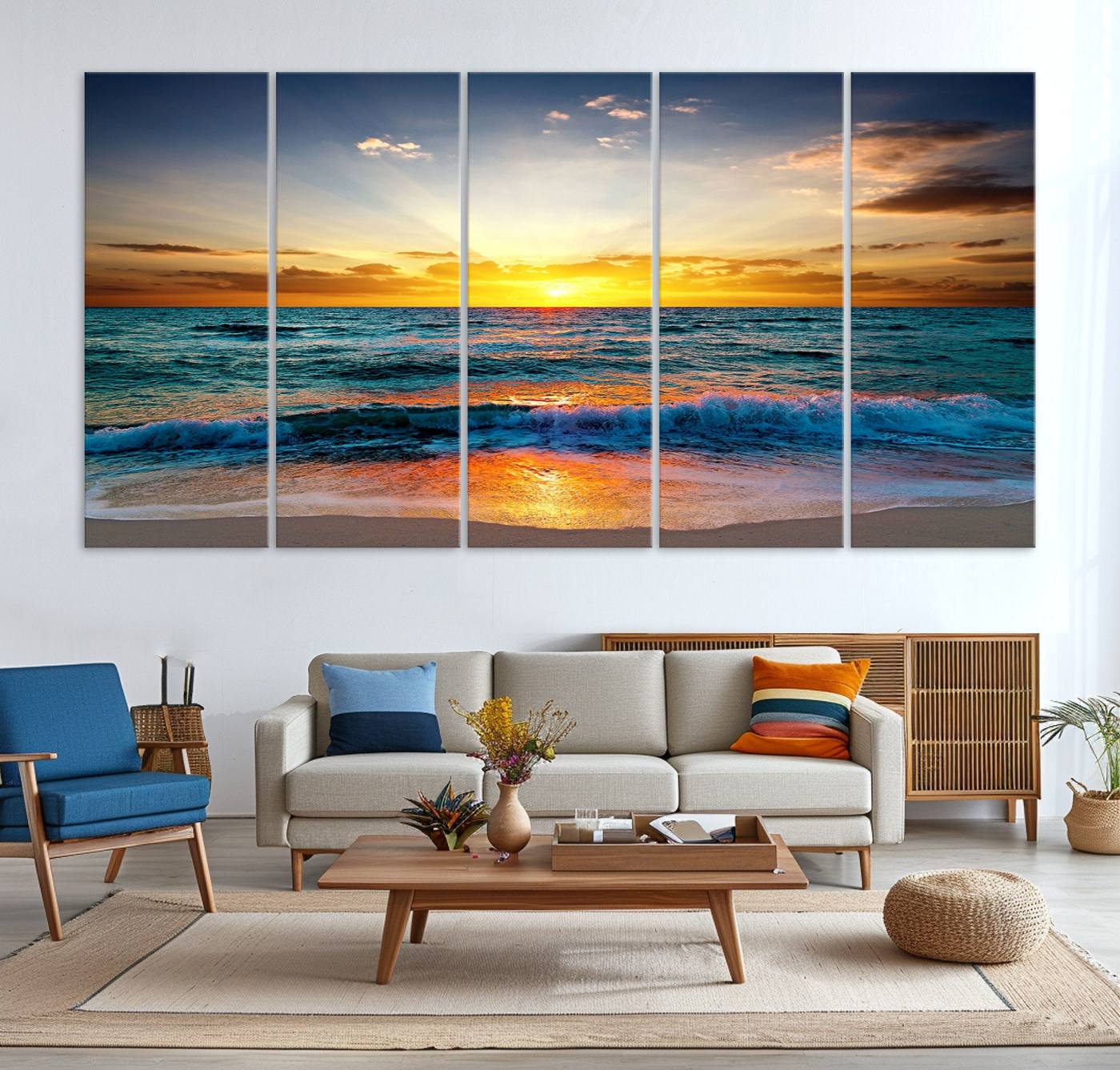 50627-MGV-CV-36X24-Vibrant Ocean Sunrise Over Golden Beach Waves, Giclee Canvas Wall Art Set, High-Quality Stretched Canvas Print, Ready to Hang Coastal Sunset