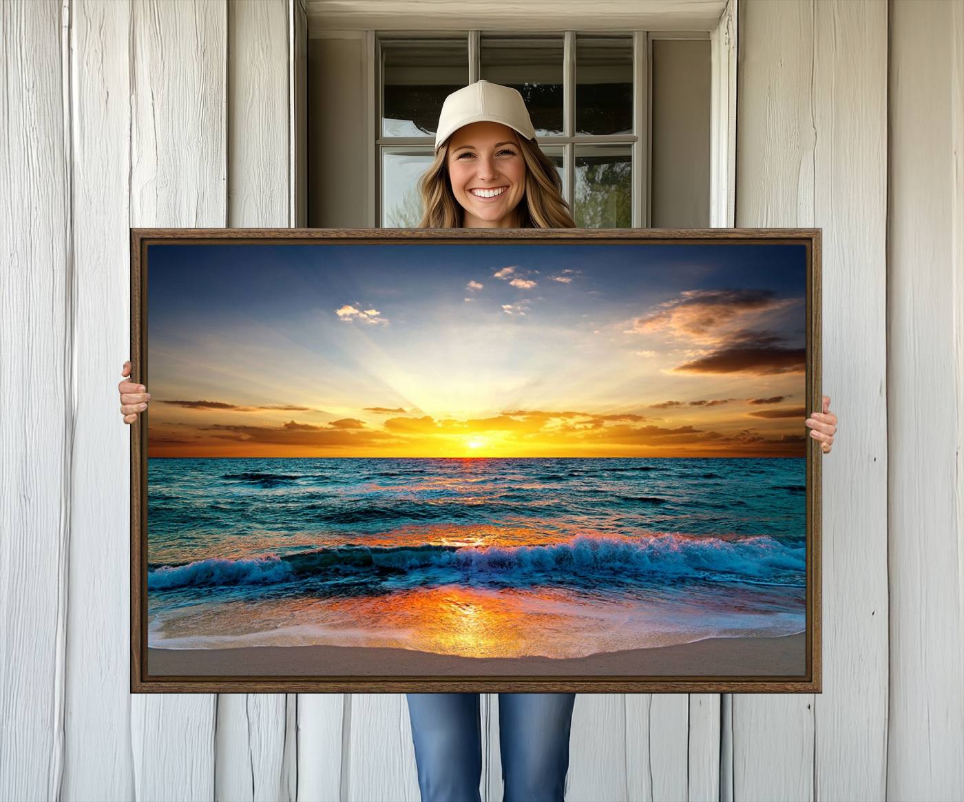 50627-MGV-CV-36X24-Vibrant Ocean Sunrise Over Golden Beach Waves, Giclee Canvas Wall Art Set, High-Quality Stretched Canvas Print, Ready to Hang Coastal Sunset