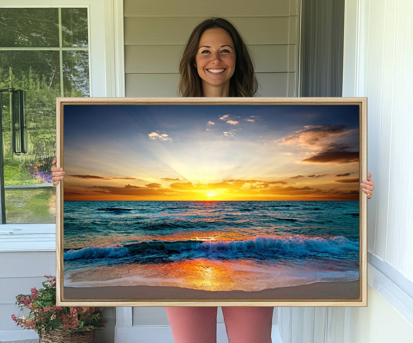 50627-MGV-CV-36X24-Vibrant Ocean Sunrise Over Golden Beach Waves, Giclee Canvas Wall Art Set, High-Quality Stretched Canvas Print, Ready to Hang Coastal Sunset
