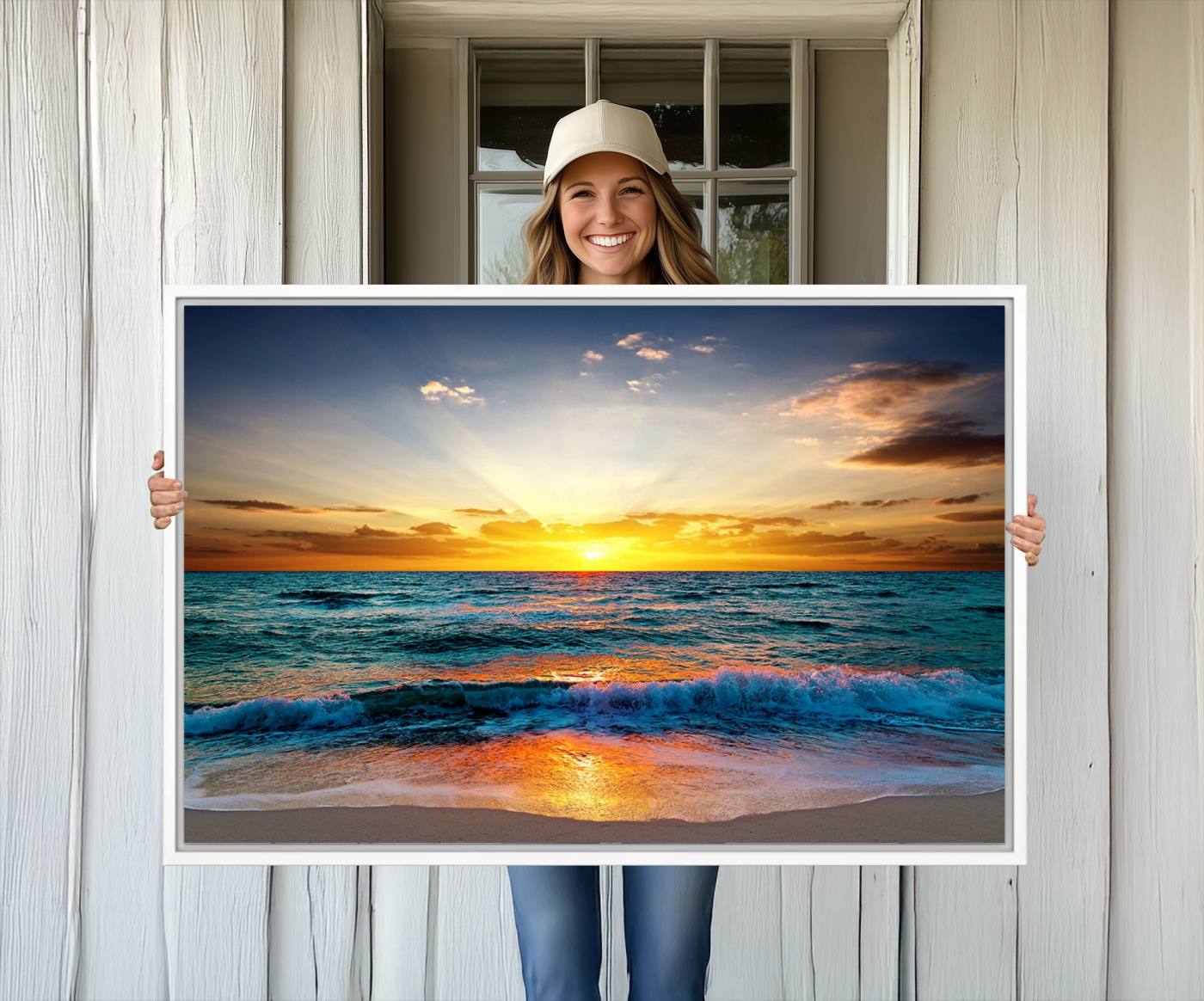50627-MGV-CV-36X24-Vibrant Ocean Sunrise Over Golden Beach Waves, Giclee Canvas Wall Art Set, High-Quality Stretched Canvas Print, Ready to Hang Coastal Sunset