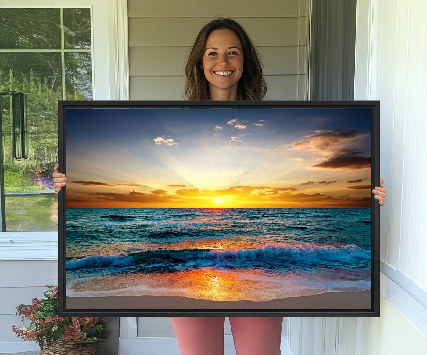 50627-MGV-CV-36X24-Vibrant Ocean Sunrise Over Golden Beach Waves, Giclee Canvas Wall Art Set, High-Quality Stretched Canvas Print, Ready to Hang Coastal Sunset