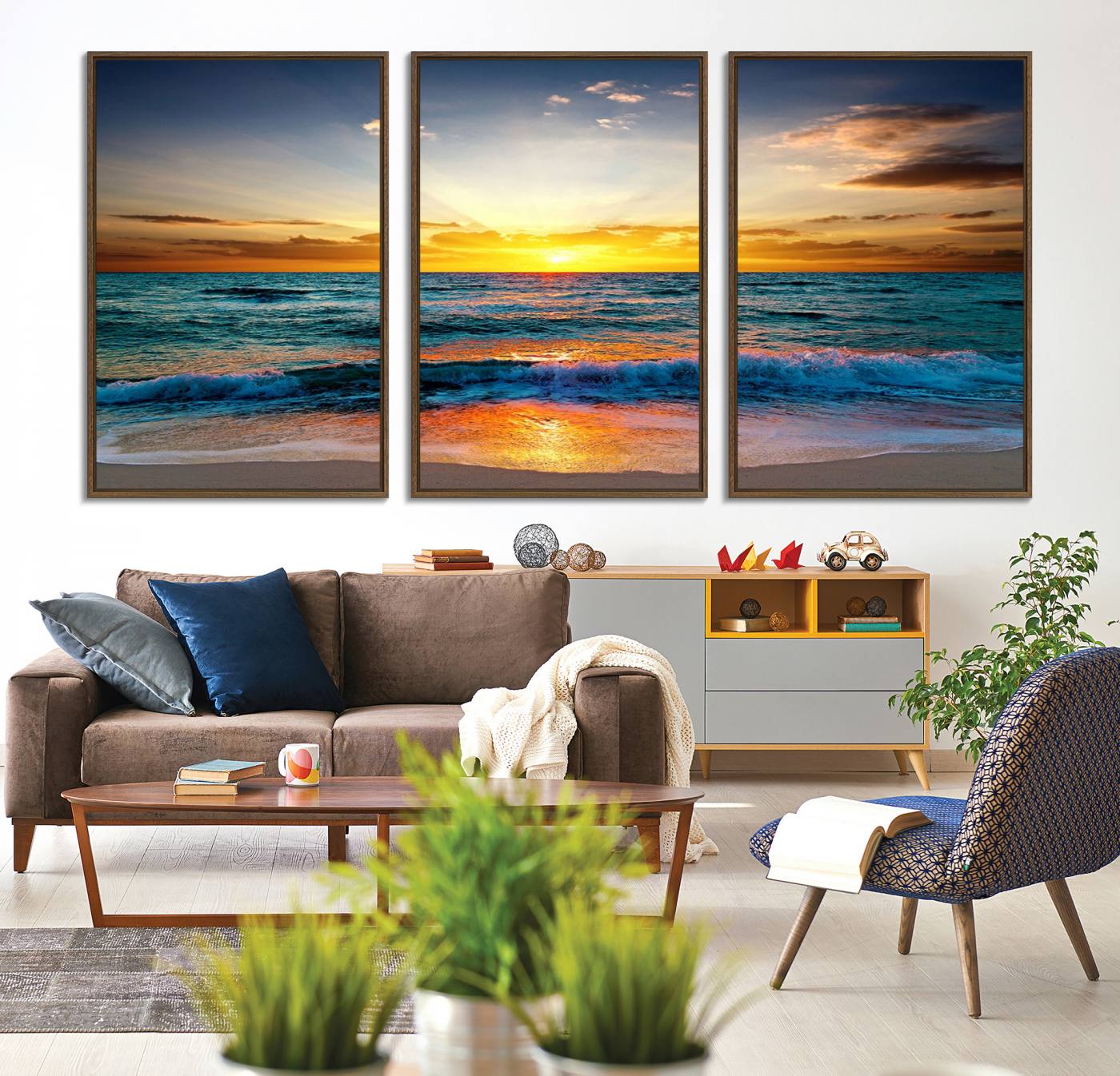 50627-MGV-CV-36X24-Vibrant Ocean Sunrise Over Golden Beach Waves, Giclee Canvas Wall Art Set, High-Quality Stretched Canvas Print, Ready to Hang Coastal Sunset